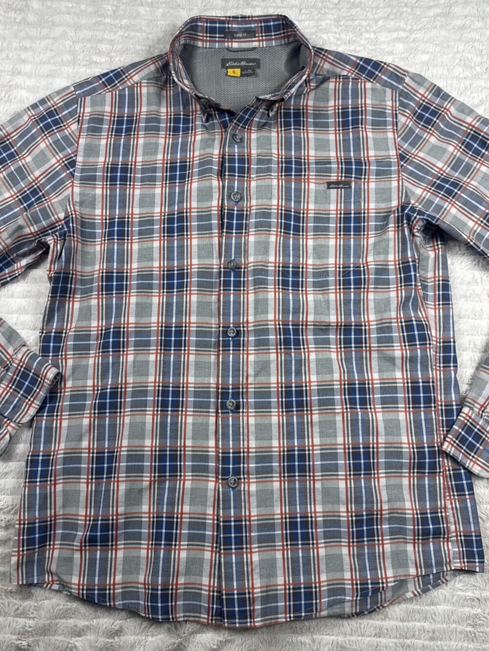 Eddie‎ Bauer Travex Shirt Mens Medium Blue Gray Plaid Long Sleeve Hiking Camping